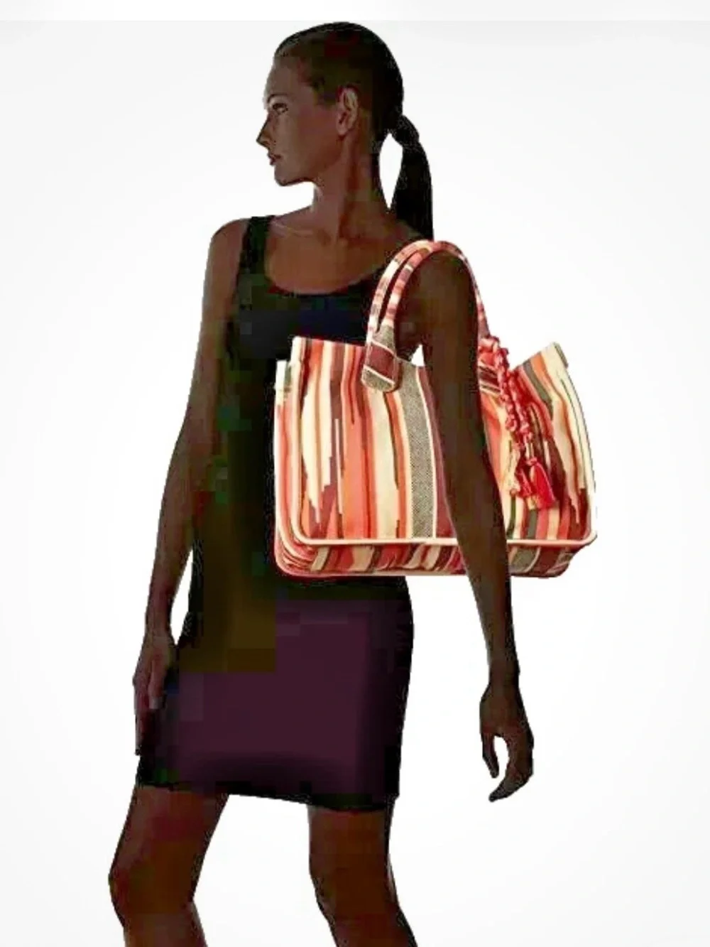 Vince Camuto Orla Cotton Canvas Stripe Large Tassel Tote Bag Pink Multi - Picture 16 of 16